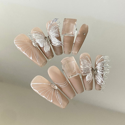Nude-colored butterfly Press-On Nails